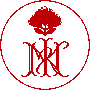 Micah Keawe's seal, set in red pixels: lehua blossoms above the interwoven letters M and K, inside a circle.